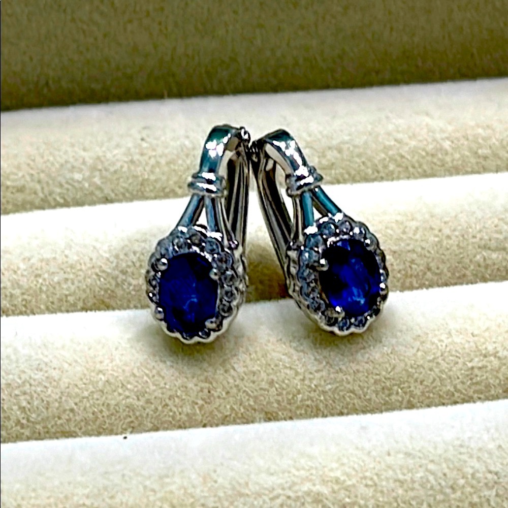 1ct Genuine Sapphires 14KGP Earrings - Picture 2 of 5
